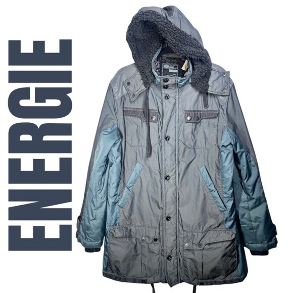 ENERGIE VINTAGE Y2K INSULATED MID LENGTH MOCK NECK PARKA HOOD GREEN GRAY, LARGE - Picture 2 of 12